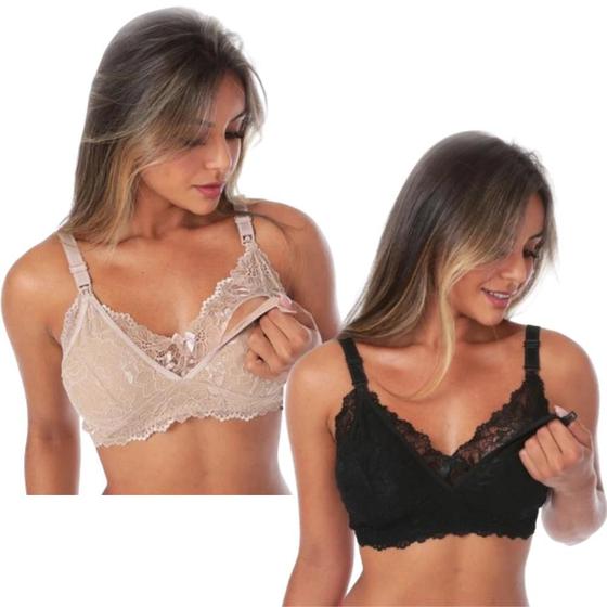 Imagem de Kit 2 Sutiã De Amamentação Feminino Maternidade Pós Parto De Renda Gestante Moda Grávida Abre Fácil