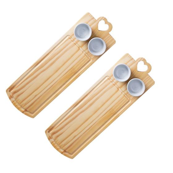 Imagem de Kit 2 tabuas retangular de servir frios madeira alça coração com porta molho ramekim porcelana