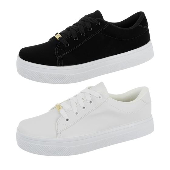 Imagem de Kit 2 Tênis Casual Feminino Básico Retrô Branco Preto Bellinda Shoes