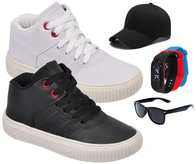 Imagem de Kit 2 Tênis Infantil Botinha Nova Bota Cano Alto Masculino +Óculos+Relógio+Boné