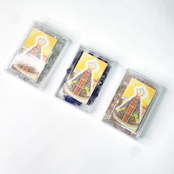 Imagem de Kit 2 Terços na caixinha missanga hexagonal religioso Nossa Senhora Aparecida prata grande elegante