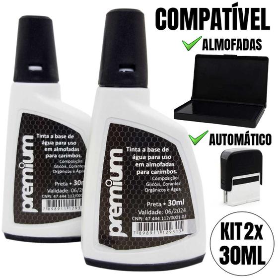 Imagem de Kit 2 Tintas Refil Para Carimbo Automático Carimbeira Almofada 2 em 1 Premium Preto