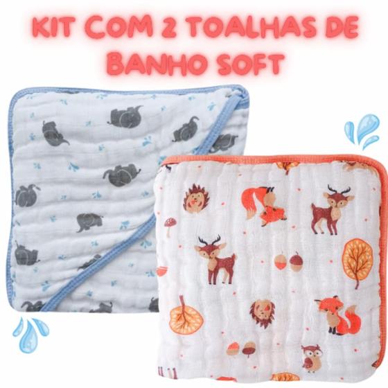 Imagem de Kit 2 toalhas de Banho De Fralda com Capuz Soft 100% Algodão Menino 