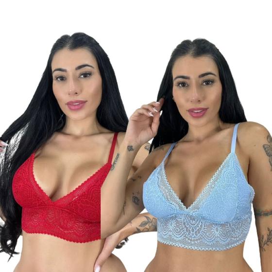 Imagem de Kit 2 Top Cropped De Renda Feminino Sem Bojo Alças Ajustáveis Rendado Blogueira Lingerie Sutiã
