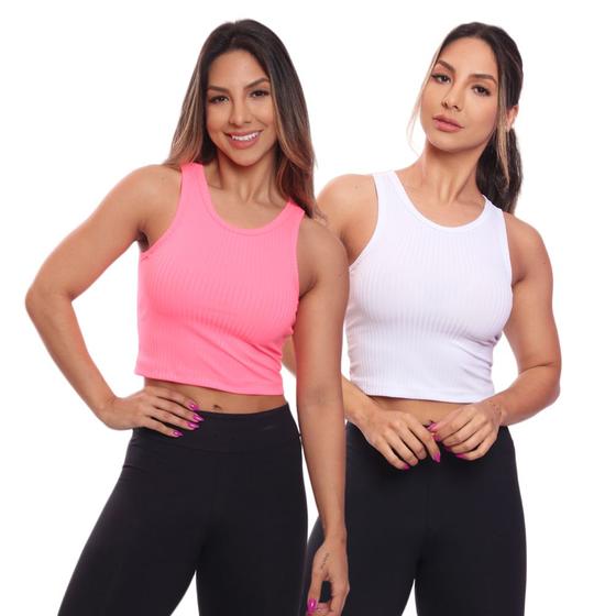 Imagem de Kit 2 Top Cropped Regata Canelado Mulher Lisa Blusa Blusinha Básica Treino Academia