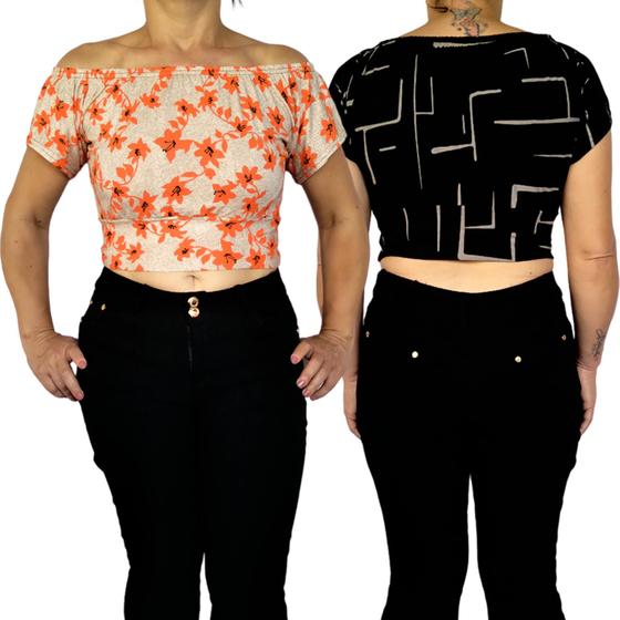 Imagem de Kit 2 Tops Ciganinha Ombro a Ombro Elástico Barra Estampas Sortidas Viscolycra Pp ao Plus Size