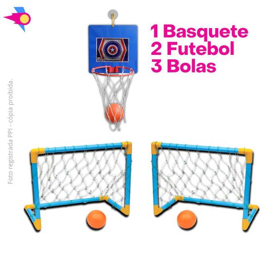 Imagem de Kit 2 Trave de Futebol Golzinho Infantil + 1 Cesta de Basquete Infantil com Rede + Bola