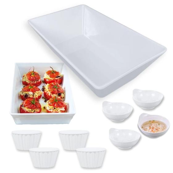 Imagem de Kit 2 Travessas 25 Cm Fundas + 4 Tigelas Ramequim 260 Ml + 4 Mini Tigelas Molheira 150ml Melamina Premium Bestfer