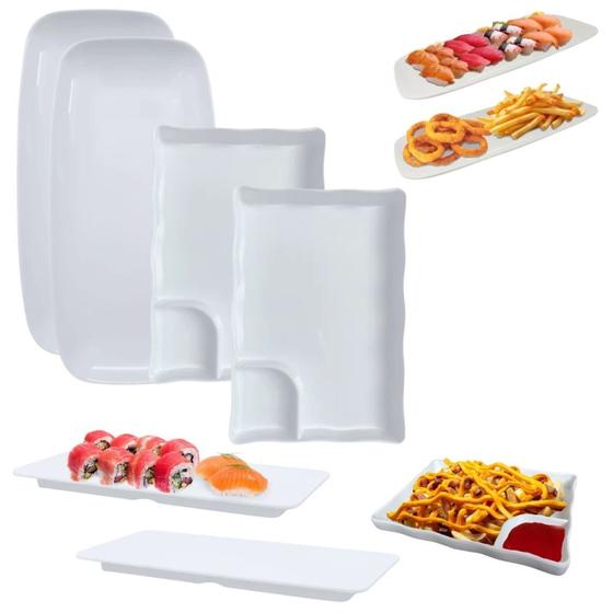 Imagem de Kit 2 Travessas 30x15 Cm + 2 Pratos com Divisoria + 2 Pratos 27x12 Cm Bestfer