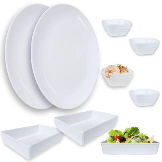 Imagem de Kit 2 Travessas 33 Cm Oval + 3 Tigelas Onduladas 20 Cm Melamina + 4 Tigelas Molheira 225 Ml Restaurante  Bestfer 