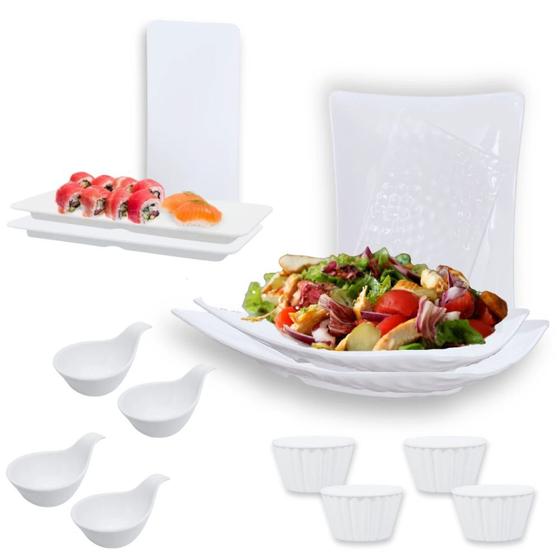 Imagem de Kit 2 Travessas 37,3 Cm Salada + 2 Pratos Retos 27 Cm + 4 Colheres Finger Food + 4 Molheiras Melamina  Bestfer 