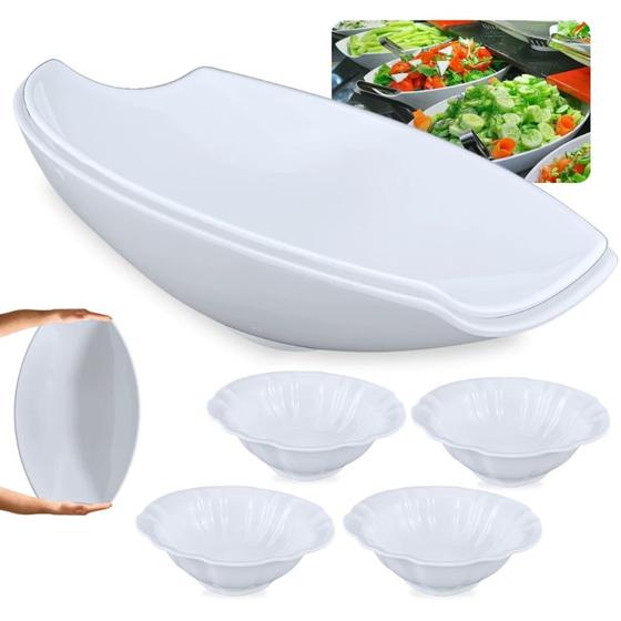 Imagem de Kit 2 Travessas para Buffet Salada 41cm Curva Funda + Tigelas Ovais Flor 650ml Melamina para Restaurante  Bestfer 