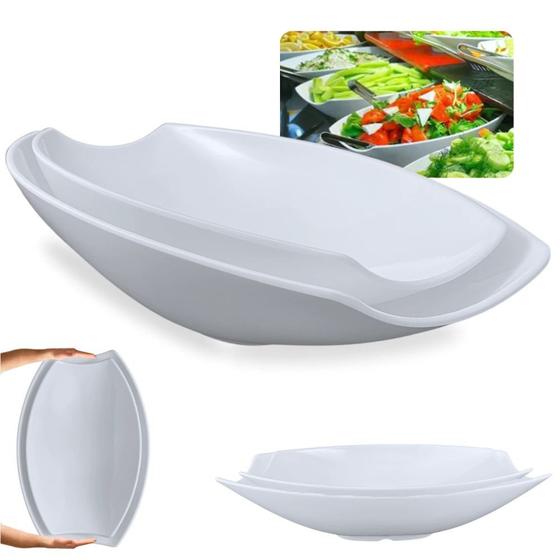 Imagem de Kit 2 Travessas para Buffet Salada 46cm + 41cm Oval Curva Funda para Restaurante Melamina Resistente Branca  Bestfer 