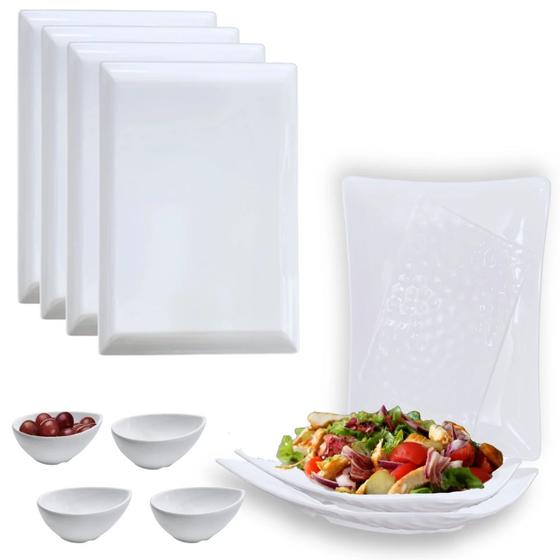 Imagem de Kit 2 Travessas para Salada / Fruteira + 4 Travesas de 35 Cm Melamina + 4 Tigelas Molheira com Bico Bestfer