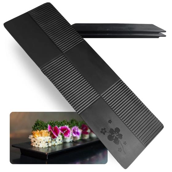 Imagem de Kit 2 Travessas Retangulares Retas 33cm Pretas em Melamina Kanpai para Sushi Restaurante Japones Oriental Bestfer
