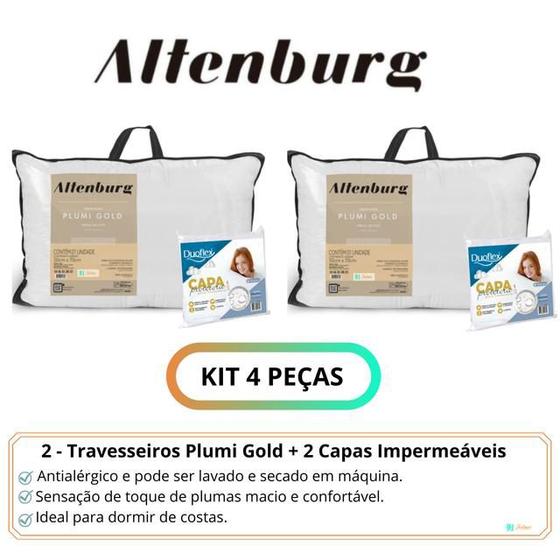 Imagem de Kit 2 Travesseiros Altenburg Plumi Gold + 2 Capas Impermeáveis Duoflex