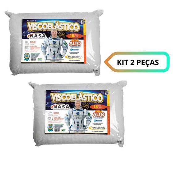 Imagem de Kit 2 Travesseiros Espuma Nasa Viscoelástico Marcbrayn - Extra Alto 18cm - Com Capa C/ Zíper Tecido Plush Maior Conforto