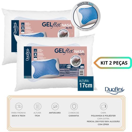 Imagem de Kit 2 Travesseiros Gelflex Nasa Alto Duoflex - Antiácaros - Espuma Viscoelástica Nasa - Capa Poliéster Extra Percal 200 fios 100% Algodão com Zíper