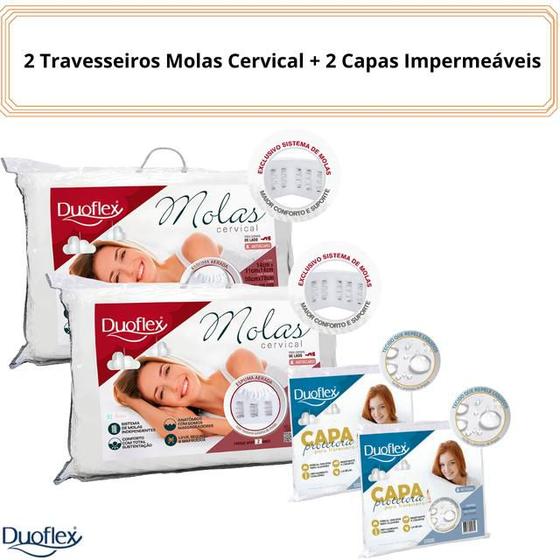 Imagem de Kit 2 Travesseiros Molas Cervical Anatômico Duoflex + 2 Capas Impermeáveis c/ Zíper - Antiácaro 