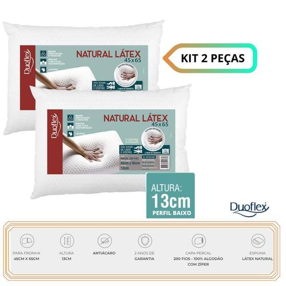 Imagem de Kit 2 Travesseiros Natural Látex Baixo 13cm  Duoflex - Alta Qualidade - Acompanha Capa 100% algodão natural com zíper percal 200 fios