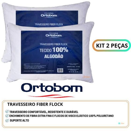 Imagem de Kit 2 Travesseiros Ortobom Fiber Flock -  Fibra Extra Fina e Flocos de Visco Elástico - Antialérgico - Confortável - Perfil Alto
