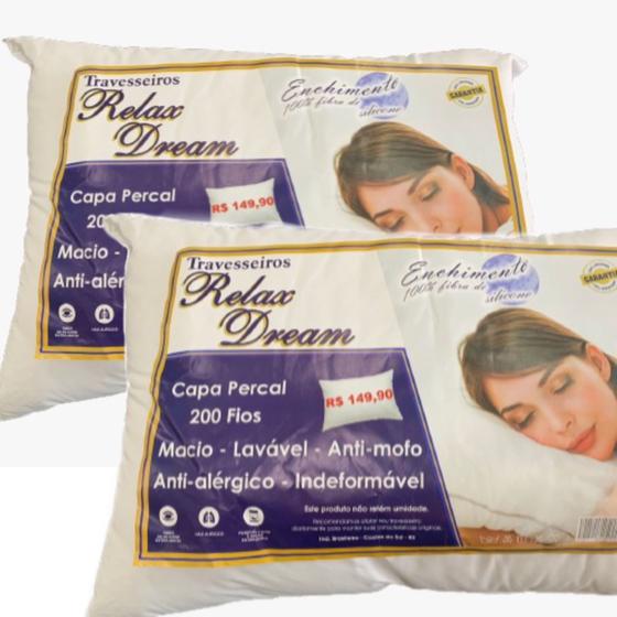Kit 2 Travesseiros Relax Dream Percal 200 Fios Antialérgico Anti-ácaro Antifúngico Antimofo Fibra Siliconada Menor preço em Kit 2 Travesseiros Relax Dream Percal 200 Fios Antialérgico Anti-ácaro Antifúngico Antimofo Fibra Siliconada