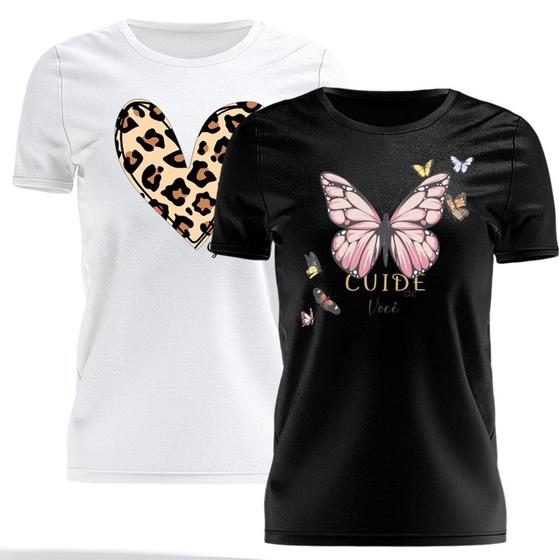 Imagem de Kit 2 Tshirt Blusa Estampada Feminina Manga Curta Camiseta Camisa