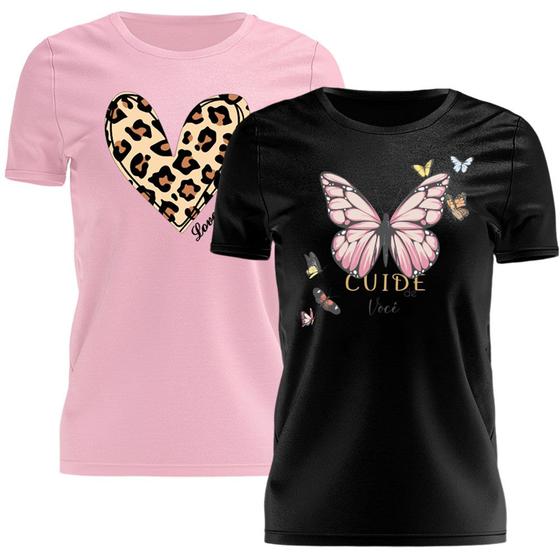 Imagem de Kit 2 Tshirt Blusa Estampada Feminina Manga Curta Camiseta Camisa