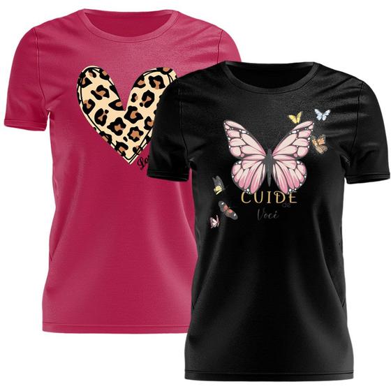 Imagem de Kit 2 Tshirt Blusa Estampada Feminina Manga Curta Camiseta Camisa