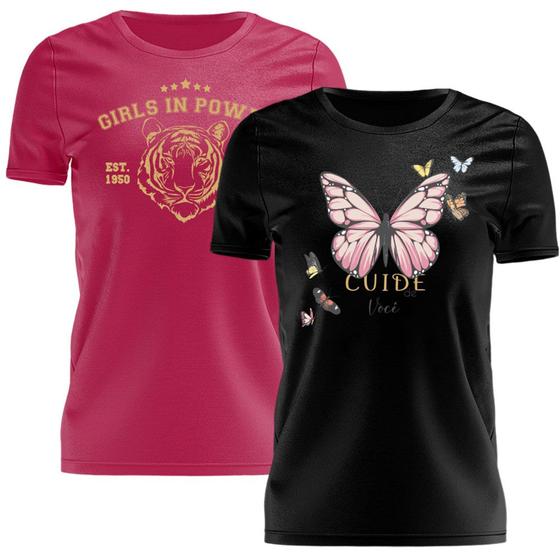 Imagem de Kit 2 Tshirt Blusa Estampada Feminina Manga Curta Camiseta Camisa