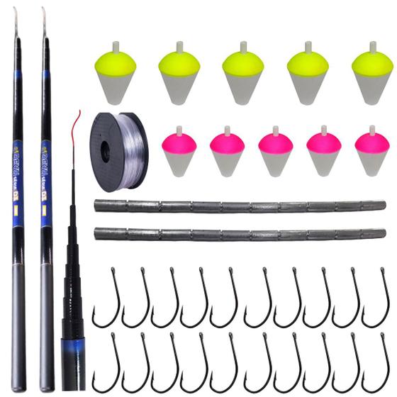 Imagem de Kit 2 Vara de Pesca Telescópica Lisa Gomo Curto Fibra de Vidro com Capa Protetora Retrátil Caniço Com Anzol Chumbada Filete Boia Lambari Linha 0,20mm