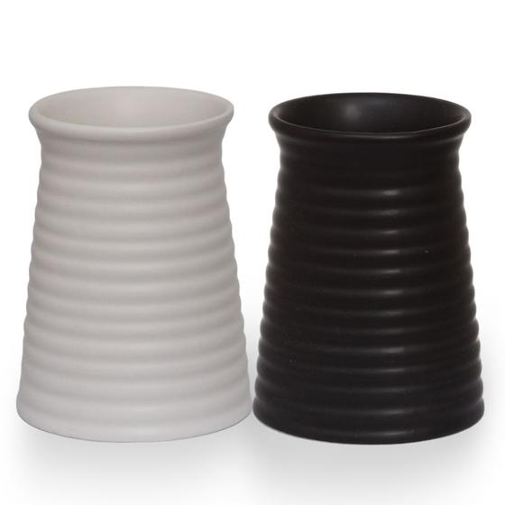 Imagem de Kit 2 Vaso Cerâmica Cachepot Redondo Riscado Branco E Preto