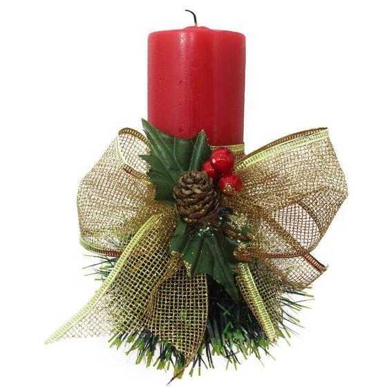 Imagem de Kit 2 Velas Natalina Vermelha Decorativa Para Natal Com Laço Dourado