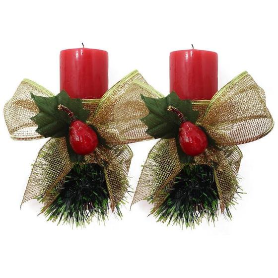 Imagem de Kit 2 Velas Vermelhas Decorativas Para Natal Com Laço Dourad