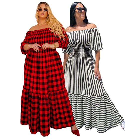 Imagem de Kit 2 vestido Ciganinha PLus Size Tamanho Grande 48 ao 54 Xadrez e Listrado