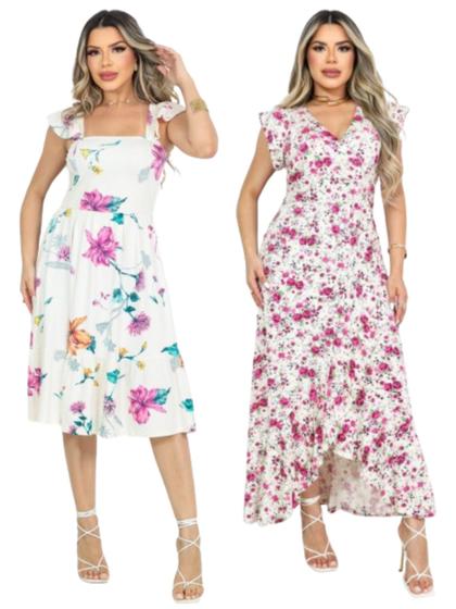 Imagem de Kit 2 Vestido Feminino Longo/Midi Manga Evasê Babado Barra Malha Viscolycra