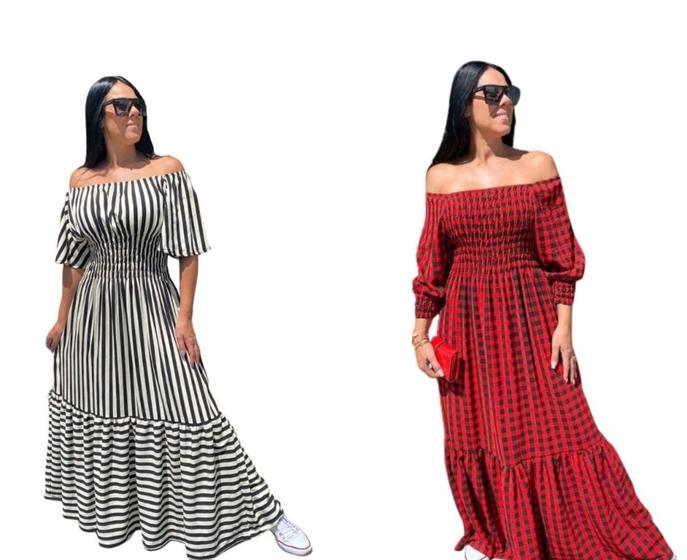 Imagem de Kit 2 Vestido Longo Plus Size Ciganinha  Ombro A Ombro Outono Inverno 2024