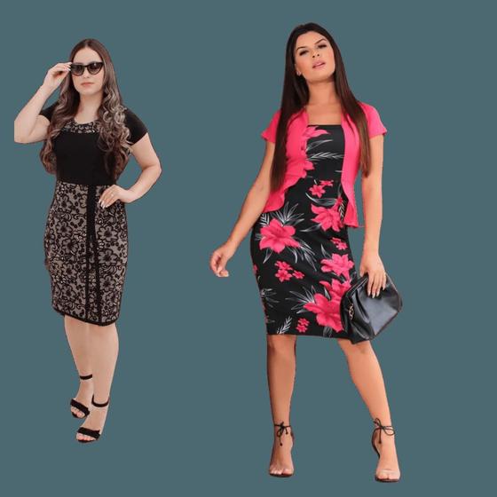 Imagem de Kit 2 Vestido Moda Social Plus Size Midi Tubinho Florido Casual Estampado Confortavel Qualidade Blogueira Gospel