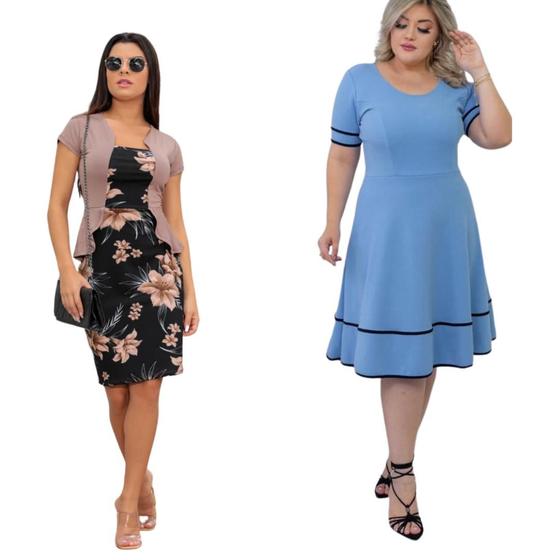 Imagem de Kit 2 Vestido Moda Social Plus Size Midi Tubinho Florido Casual Estampado Confortavel Qualidade Blogueira