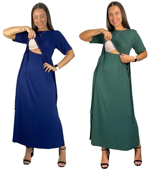 Imagem de Kit 2 Vestidos Amamentação Longo Diversas Cores Viscolycra Premium Gestante Manga Curta