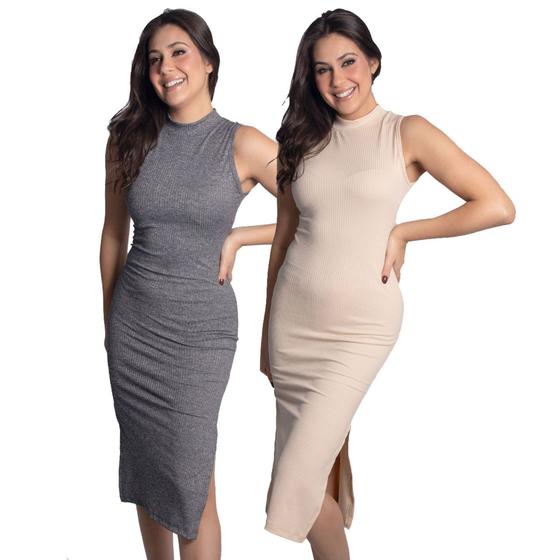 Imagem de Kit 2 Vestidos  Canelado Feminino com fenda lateral moda Casual festa Básico