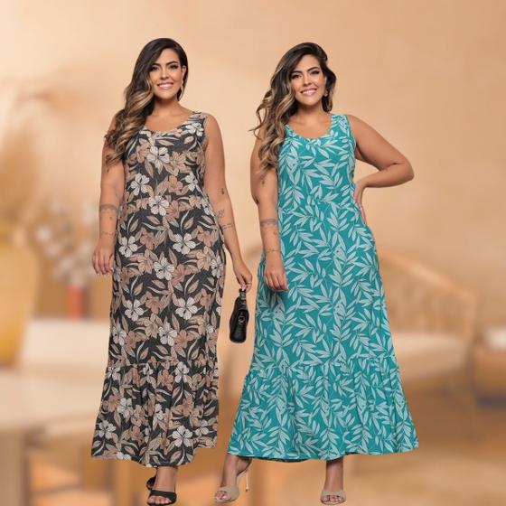 Imagem de Kit 2 Vestidos Longos Plus Size Estampado Regata Com Babado Cor e Estampa Sortida