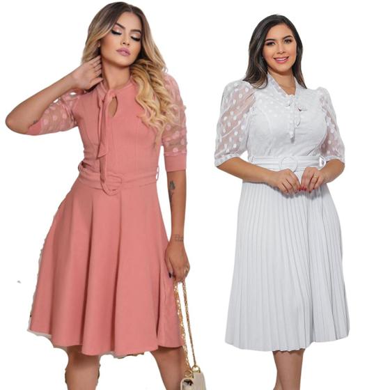 Imagem de Kit 2 Vestidos Moda Evangélica Cinto Midi Princesa Tule Super Oferta