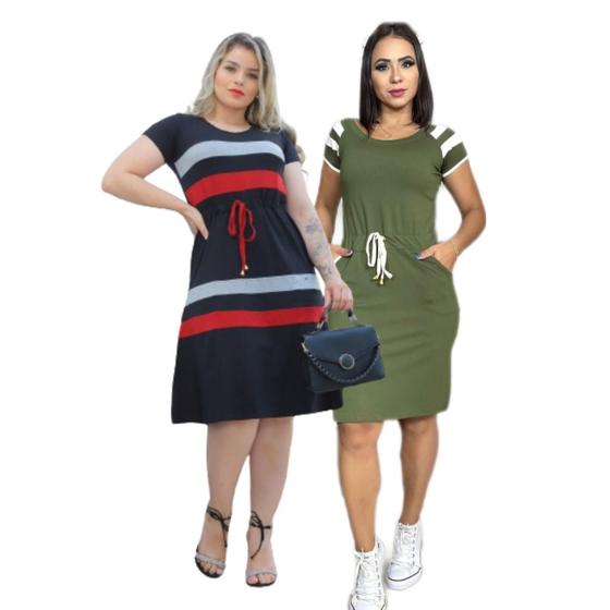 Imagem de Kit 2 Vestidos Moda Evangélica Midi Malha Premium Manga Curta (Tubinho + Nautico)