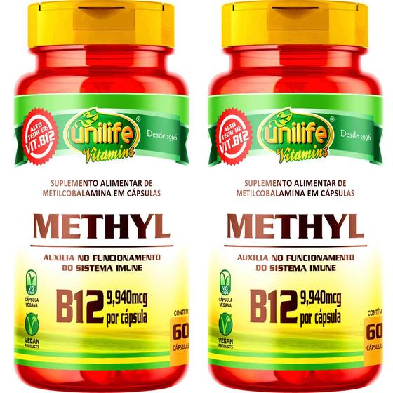 Imagem de Kit 2 Vitamina B12 Methyl Metilcobalamina Unilife 60 Cáps.