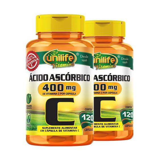 Imagem de Kit 2 Vitamina C Ácido Ascórbico Unilife 120 Capsulas Veganas