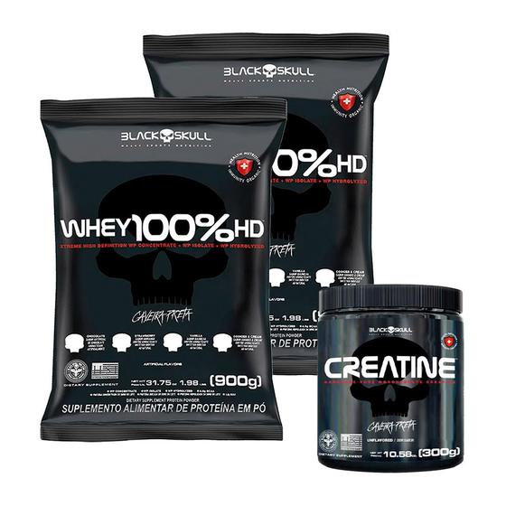 Imagem de Kit 2 Whey Protein Cookies and Cream 900g + Creatina 100% Monohidratada 300g Black Skull