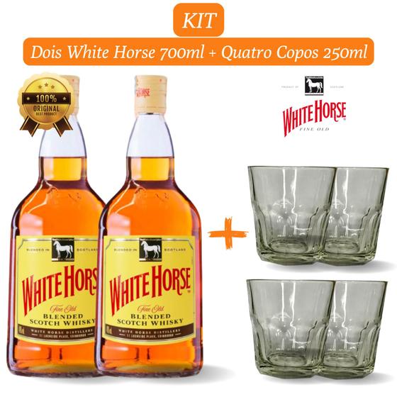 Imagem de Kit 2 Whisky White Horse 700ml com 4 Copos de Vidro de 250ml para Whisky