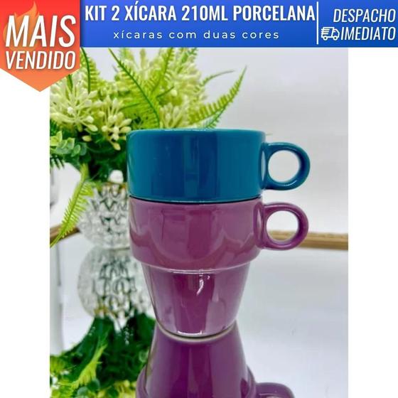 Imagem de Kit 2 Xícara Caneca 210ml Porcelana Empilhável p/ Café Chá Leite