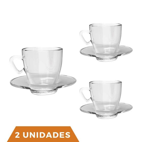 Imagem de Kit 2 Xícaras Chá e Café C/ Pires Vidro 220mL Transparente